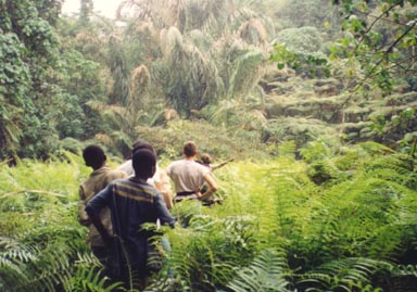 A local man guiding two French travelers through the jungle. Photo by Christine Strater.