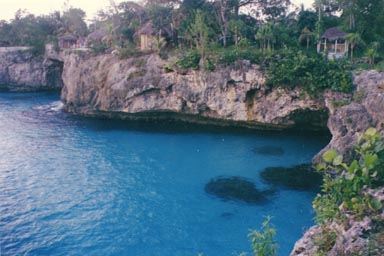 Negril, one of the major tourist destinations because of the seven mile beach on the east end of town, and beautiful cliff sides on the west end. The top left corner of the picture is a popular 25-30 foot diving area. Photo by Scott Wallace.