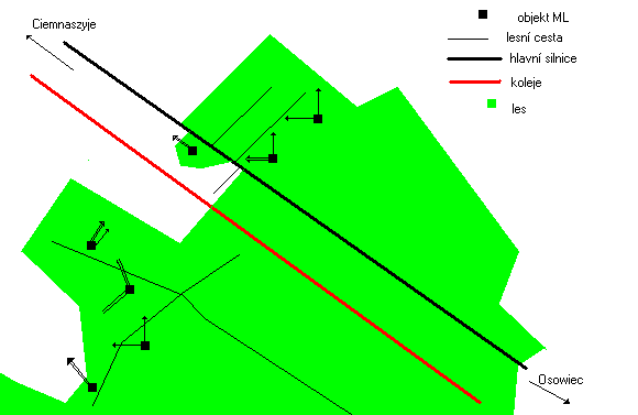 Mapa seku Ciemnaszyje - jednoduch ra - stlna pro TK, dvojit  ra se ipkou - stlna pro protitankov kann, dvojit ra bez ipky - stlna pro kann 76,2 mm